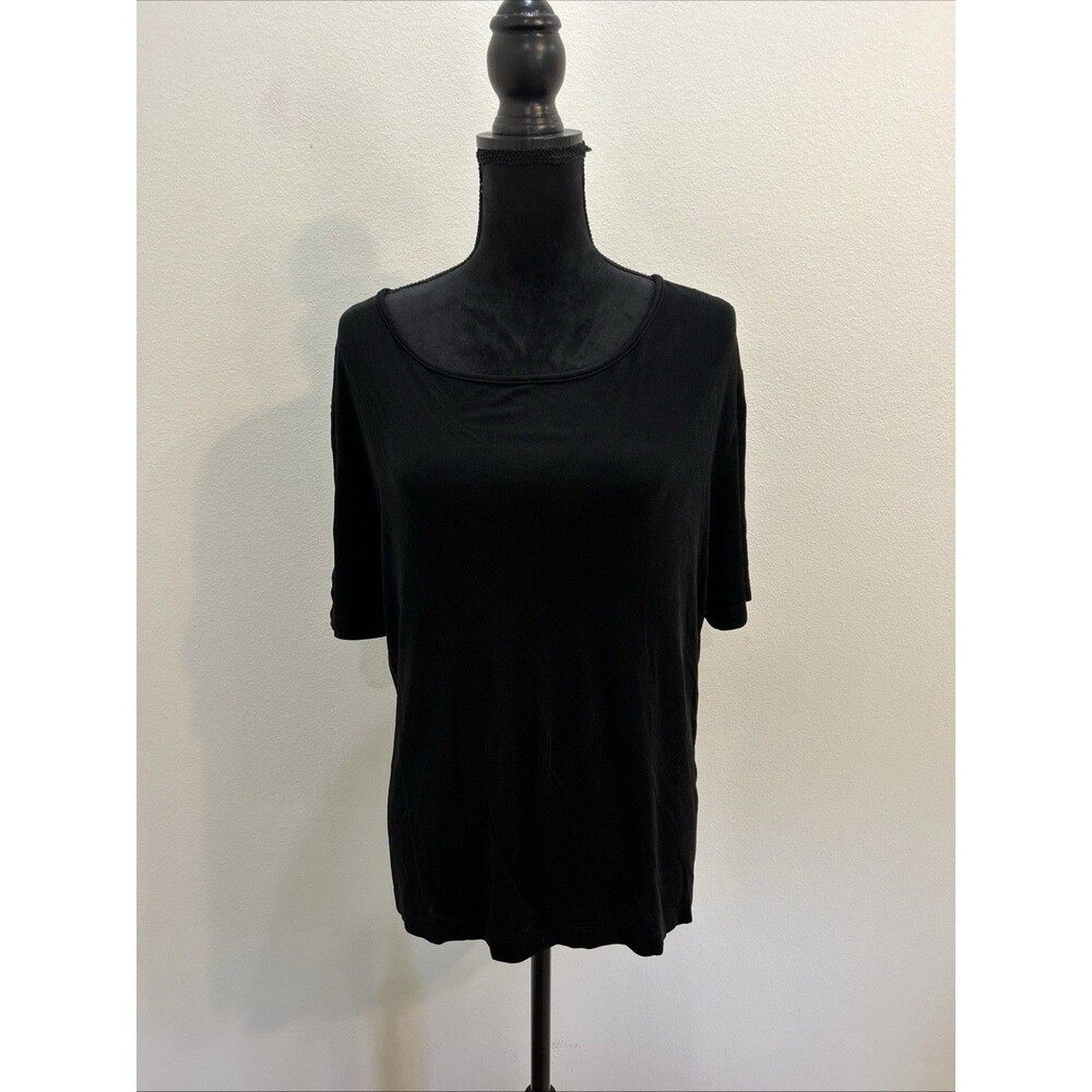 Chicos Travelers Sz 2 Womens L Black Top Short Sleeve Scoop Neck